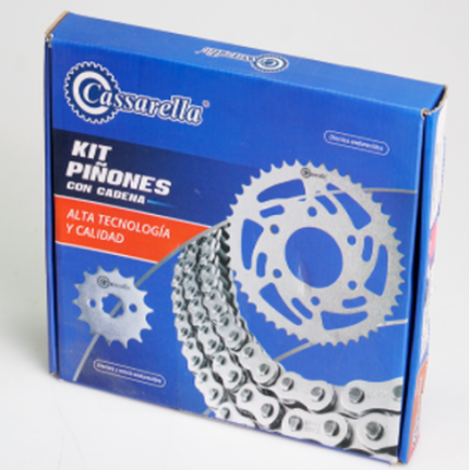 KIT DE ARRASTRE YBR 125 FUERZA  YD 110 4 HUECOS CADENA DORADA 428H-132 CASSARELL