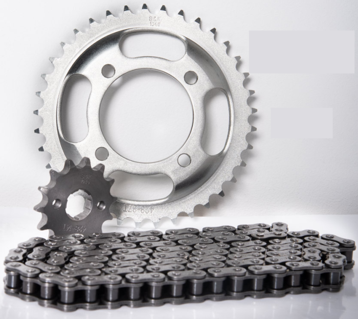 KIT ARRASTRE E STORM 125-CB 125E-POWER SPORT 14X37 (428H-124 DORADA)/REVO SCORP - Imagen 1